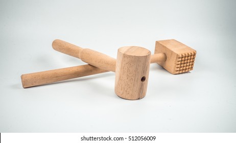 Retro Styled Or Retro Color Wooden Kitchen Hammer Or Crab Mallet. Slightly De-focused And Close-up Shot. Copy Space.