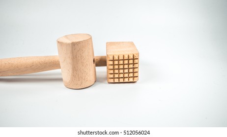 Retro Styled Or Retro Color Wooden Kitchen Hammer Or Crab Mallet. Slightly De-focused And Close-up Shot. Copy Space.