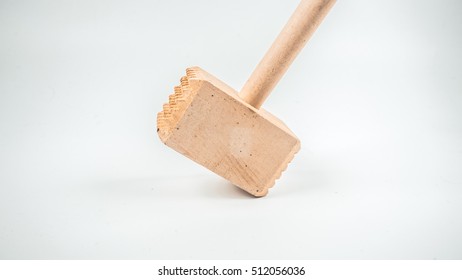 Retro Styled Or Retro Color Wooden Kitchen Hammer Or Crab Mallet. Slightly De-focused And Close-up Shot. Copy Space.