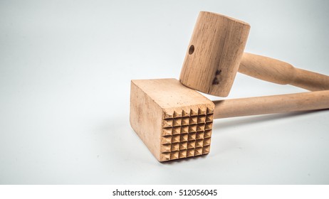 Retro Styled Or Retro Color Wooden Kitchen Hammer Or Crab Mallet. Slightly De-focused And Close-up Shot. Copy Space.