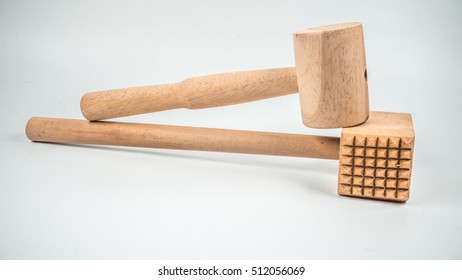 Retro Styled Or Retro Color Wooden Kitchen Hammer Or Crab Mallet. Slightly De-focused And Close-up Shot. Copy Space.