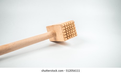 Retro Styled Or Retro Color Wooden Kitchen Hammer Or Crab Mallet. Slightly De-focused And Close-up Shot. Copy Space.