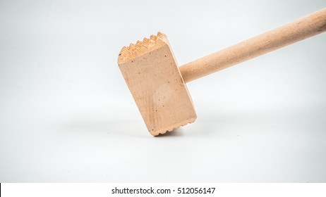 Retro Styled Or Retro Color Wooden Kitchen Hammer Or Crab Mallet. Slightly De-focused And Close-up Shot. Copy Space.