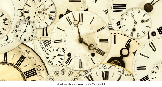 Retro styled image of a collection of vintage weathered clock faces - Powered by Shutterstock