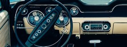 Retro Styled Image Of An Old Classic Sports Car Dashboard With Black And White Interiors.