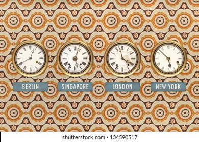 Retro styled image of old clocks with world times against a retro wallpaper