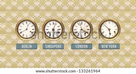 Retro styled image of old clocks with world times against a retro wallpaper