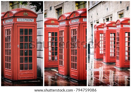 A retro styled triptych collage of British red phone boxes in a row, in Covent garden after the rain.