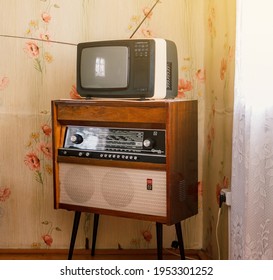 Retro Technology, Vintage Radiogram 1960s And Tube Tv At Home In Living Room, Old School Style 1970s