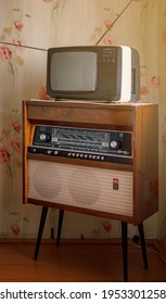 Retro Technology, Vintage Radiogram 1960s And Tube Tv At Home In Living Room, Old School Style 1970s