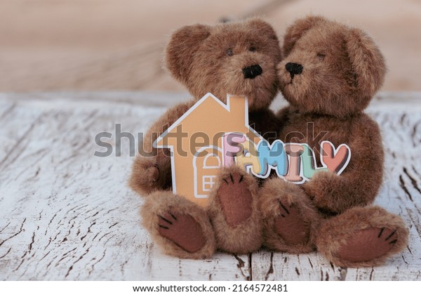Retro Teddy Bear toys couple with " FAMILY " text on white table, wallpaper concept.