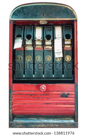 Retro ticket machine with tickets isolated on a white background