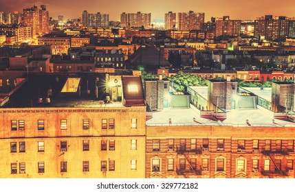 Retro Toned Harlem Neighborhood At Night, NYC, USA.