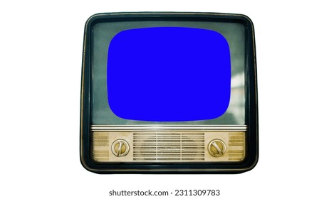 Retro tv with blue screen copy space. The TV set is isolated on a white background. Chroma key TV screen for sequence. - Shutterstock ID 2311309783