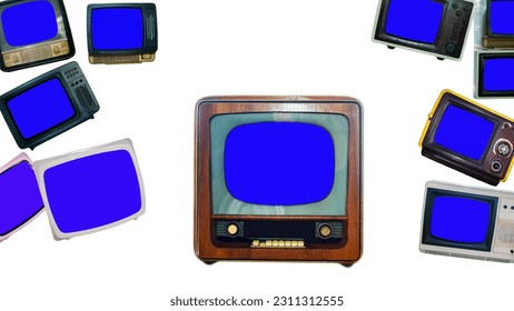 Retro tv with blue screen copy space. The TV set is isolated on a white background. Chroma key TV screen for sequence. - Shutterstock ID 2311312555