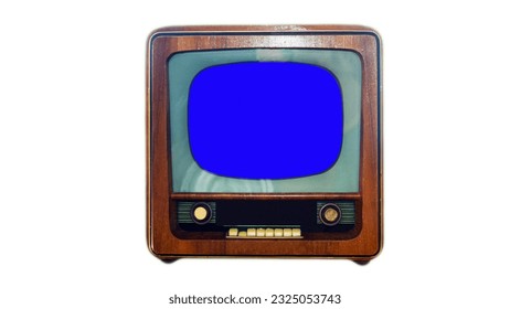 Retro tv with blue screen copy space. The TV set is isolated on a white background. Chroma key TV screen for sequence. - Shutterstock ID 2325053743