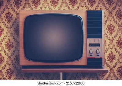 Retro TV In A Room With Ugly 1970s Vintage Wallpaper - Shutterstock ID 2160922883
