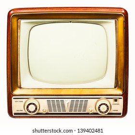 Retro tv with wooden case isolated on white background