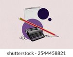 Retro typewriter. Old typewriter with pencil and note paper on purple circle background. Storytelling, creativity and blogging concept. Art collage digital pop modern art