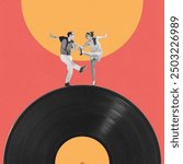 Retro vibes in full swing. Lively couple dancing on giant vinyl record with passion and rhythm. Music and motion. Contemporary art collage. Concept of dance, surrealism, inspiration, party vibe