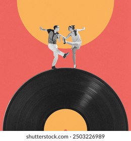 Retro vibes in full swing. Lively couple dancing on giant vinyl record with passion and rhythm. Music and motion. Contemporary art collage. Concept of dance, surrealism, inspiration, party vibe - Powered by Shutterstock