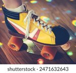 A Retro Vintage Quad Roller Skate At A Roller Disco With Reflected Lights On The Wooden Dance Floor