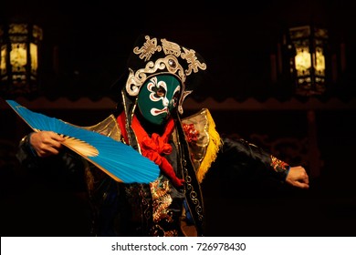 Retro vintage style of chinese opera mask actor performs traditional drama onstage