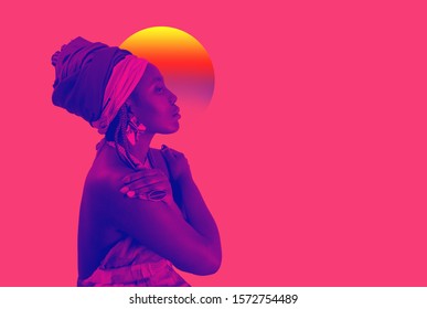 Retro Wave, Neon Vapor Wave Portrait Of African Young Woman With Ethnic Headwrap. Blue And Pink Duotone. Copy Space. Studio Shot. Fashion Style. Mixed Media Art, Collage.