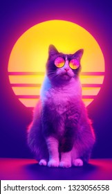 Retro Wave Synth Vaporwave Portrait Of A Cat In Sunglasses With Palm Trees Reflection. 80s Sci-fi Futuristic Fashion Poster Style Violet Neon Aesthetics.