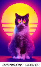 Retro Wave Synth Vaporwave Portrait Of A Cat In Sunglasses With Palm Trees Reflection. 80s Sci-fi Futuristic Fashion Animal Poster Style Violet Neon Aesthetics.