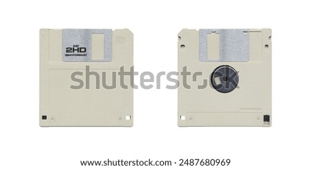 Retro 3.5” White Floppy Disk with front and back side on white background, old vintage storage png diskette	