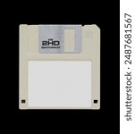 Retro 3.5” White Floppy Disk mockup with white empty label sticker, disk on black background, old vintage storage png diskette