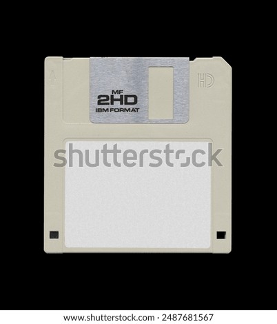 Retro 3.5” White Floppy Disk mockup with white empty label sticker, disk on black background, old vintage storage png diskette
