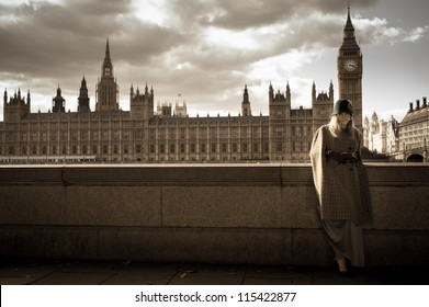 Retro woman in London city, Big Ben