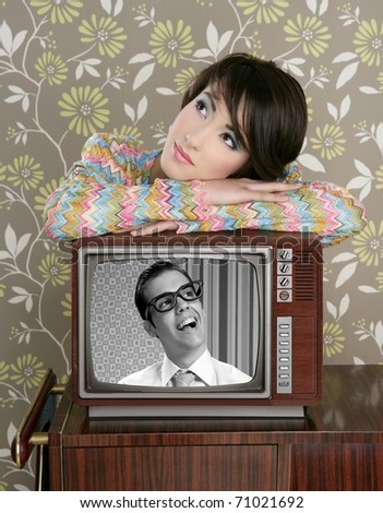 retro woman in love with tv nerd hero vintage 60s wallpaper [Photo Illustration]