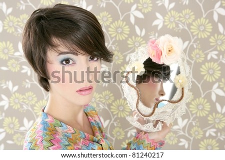 retro woman in mirror reflection fashion portrait on tacky vintage wallpaper