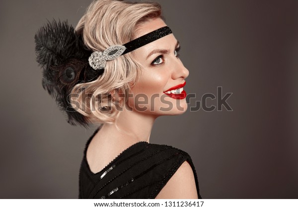 Retro Woman Portrait Blonde Wavy Hairstyle Stock Photo Edit Now