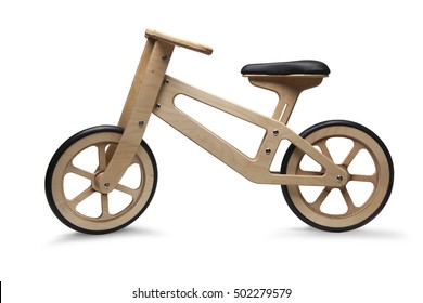 Retro Wooden Children Bicycle Isolated On White Background