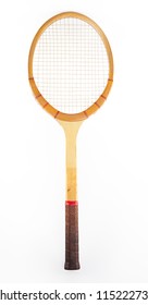 retro wooden tennis racket isolated on white background