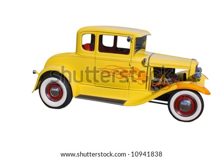 retro, yellow hot-rod with wide whitewalled tires