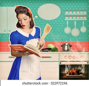 Retro Young Attractive Woman Overlooked Roast Chicken In An Oven.Housewife Looking A Cookbook In Her Kitchen Interior. Poster On Old Paper