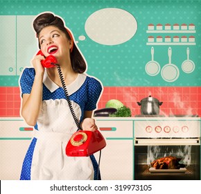 Retro Young Woman Overlooked Roast Chicken In An Oven.Housewife Talking On Phone In Her Kitchen Interior. Poster On Old Paper