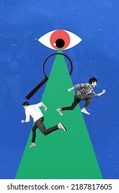 Retro Zine Poster Of Huge Eye Look Through Magnifier Search Two Guys New Virtual Risk Game Isolated Blue Color Background