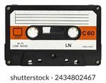 Retro-style cassette tape with blank label on a white background