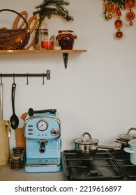 Retro-style Coffee Maker, Machine  In A Cozy Kitchen. Winter Decor