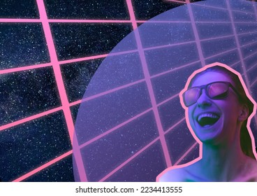 Retrowave synthwave portrait of a girl. Futuristic photo of the 80s on a neon background with copy space