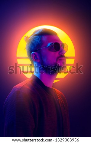 Retrowave synthwave portrait of a young man vaporwave. 80s sci-fi futuristic fashion poster style violet neon.