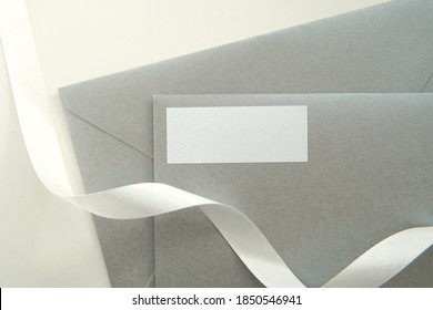 Return Address Label Mockup On Silver Envelope For Wedding, 1x2,5 Empty Sticker.	