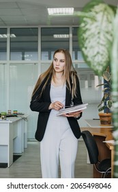 Return Office Workers, Employees Return To Offices. End Of Work From Home. Young Business Woman With Documents Walks Into The Office