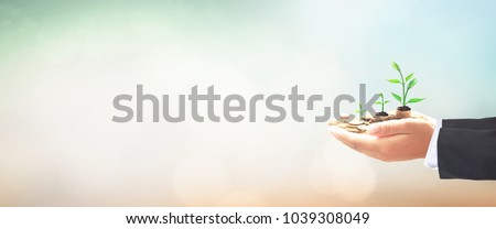 Return on investment concept: Businessman hands save holding stack of golden coin with small tree on blurred nature background